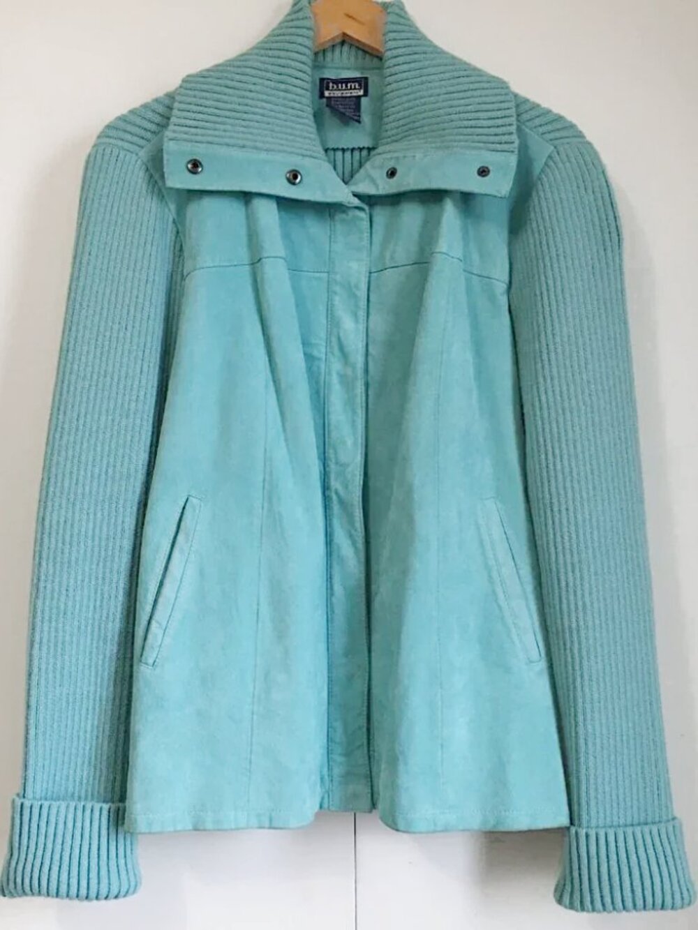 Vintage BUM Equipment Suede Leather Ribbed Knit Sweater Jacket Celeste L